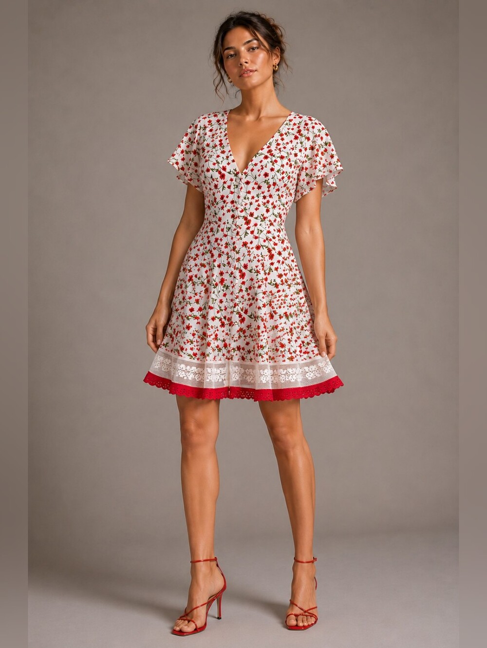 Ivory Red Floral Dress with Vintage Double Lace Hem | Vintage Style Sun Dress